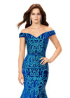 Front view. Blue ASHLEYlauren 11330 elegant off shoulder velvet sequin gown featuring a signature criss-cross back, a fitted silhouette, horsehair hem, and a sweep train for a sophisticated and glamorous look.