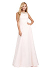 Front view. Blush ASHLEYlauren 11426 Elegant Double Faced Satin Gown with Crew Neckline, Crystal Embellishments, Subtle A-Line Skirt, and Detachable Beaded Shawl with Finger Loop