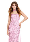 Front view. Candy Pink ASHLEYlauren 11404 breathtaking strapless gown featuring intricate full sequin beading, a matching sequin choker, and a flowing chiffon cape for a dramatic and statement-making look.