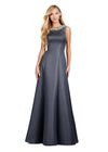 Front view. Charcoal ASHLEYlauren 11426 Elegant Double Faced Satin Gown with Crew Neckline, Crystal Embellishments, Subtle A-Line Skirt, and Detachable Beaded Shawl with Finger Loop