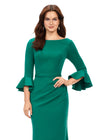 Front view. Dark Emerald ASHLEYlauren 11325 Timeless Evening Gown with Scoop Neckline, Flutter Three Quarter Length Sleeves, Ruched Detailing, and Flowing Sweep Train