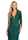 Front view. Dark Emerald ASHLEYlauren 11430 High Fashion Fully Beaded Fitted Gown with Elegant V-Neckline and Statement Cape Sleeves