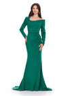 Front view. Dark Emerald ASHLEYlauren 11450 Chic Long Sleeve Scuba Gown with Asymmetrical Off Shoulder Beaded Neckline and Flattering Ruched Hip Detailing