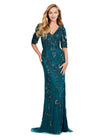 Front view. Dark Teal ASHLEYlauren 11234 Elegant Fully Beaded Gown with V-Neckline, Wrap Style Bustier, and Sheer Ruffled Puff Mesh Sleeves