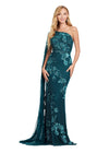 Front view. Dark Teal ASHLEYlauren 11434 Elegant Fully Beaded Gown with One Shoulder Design and Statement Floor Length Sleeve for a Modern Twist on a Classic Look