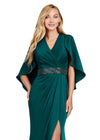 Front view. Deep Green ASHLEYlauren 11416 Elegant Crepe Gown with Ruched V-Neckline, Sparkling Beaded Belt, Modern Overlay, and Left Leg Slit