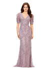 Front view. Dusty Mauve ASHLEYlauren 11234 Elegant Fully Beaded Gown with V-Neckline, Wrap Style Bustier, and Sheer Ruffled Puff Mesh Sleeves