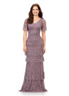 Front view. Dusty Mauve ASHLEYlauren 11235 Elegant Sequin Gown with V-Neckline, Flutter Butterfly Sleeves, Wide Waistband, Floral Beaded Bustier, and Multi-Tiered Skirt