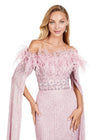 Front view. Dusty Rose ASHLEYlauren 11429 Glamorous Fully Beaded Off Shoulder Gown with Dramatic Floor Length Sleeves and Feather Accents