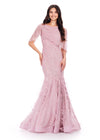 Front view. Dusty Rose ASHLEYlauren 11431 Classy Fully Beaded Gown with Crew Neckline, Sheer Asymmetrical Cape Overlay, Feather-Embellished Skirt, and Mermaid Silhouette