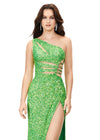 Front view. Electric Lime ASHLEYlauren 11288 stunning one shoulder fully hand-beaded gown featuring modern cut outs, criss cross waist straps, a left leg slit, and a sweep train for a bold and statement-making entrance.