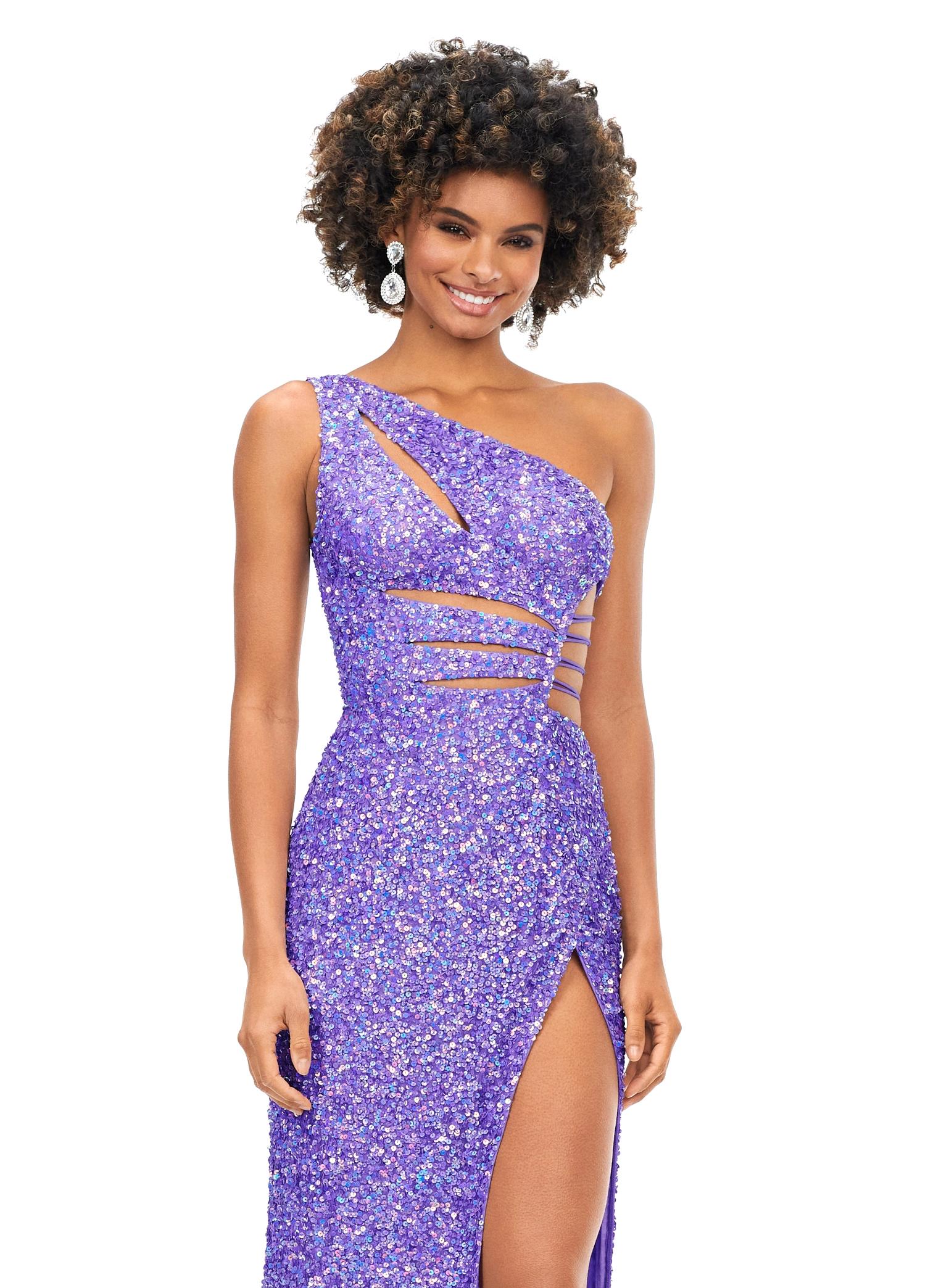 Front view. Electric Orchid ASHLEYlauren 11288 stunning one shoulder fully hand-beaded gown featuring modern cut outs, criss cross waist straps, a left leg slit, and a sweep train for a bold and statement-making entrance.