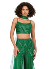 Front view. Emerald ASHLEYlauren 11385 statement two-piece jumpsuit featuring an intricately hand-beaded bustier and pants, a matching beaded choker, and a dramatic chiffon cape for a bold and fashion-forward look.