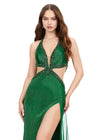 Front view. Emerald ASHLEYlauren 11399 stunning gown featuring a halter neckline, intricate liquid beading, crystal-accented illusion cut outs, and a dramatic chiffon cape for a glamorous and show-stopping look.