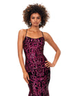 Front view. Fuchsia/Black ASHLEYlauren 11331 stunning velvet sequin gown featuring delicate spaghetti straps, a lace-up back for a perfect fit, intricately placed sequin appliques to complement your curves, and a sweep train for a glamorous and show-stopping entrance.