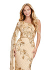 Front view. Gold ASHLEYlauren 11434 Elegant Fully Beaded Gown with One Shoulder Design and Statement Floor Length Sleeve for a Modern Twist on a Classic Look