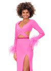Front view. Hot Pink ASHLEYlauren 11308 striking scuba gown featuring a deep V-neckline, criss-cross cut out bodice, crystal waistline, long sleeves adorned with heat-set stones and feather trim, a fitted skirt, and a left leg slit for a bold and glamorous statement look.