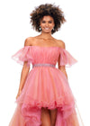 Front view. Hot Pink/Blush ASHLEYlauren 11268 stunning strapless high-low gown featuring a ruched sweetheart neckline, off-shoulder sleeves, a crystal belt, and a two-tone organza skirt finished with a wire hem for a dramatic and elegant look.