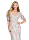 Front view. Marble ASHLEYlauren 11234 Elegant Fully Beaded Gown with V-Neckline, Wrap Style Bustier, and Sheer Ruffled Puff Mesh Sleeves