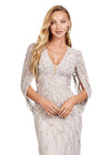 Front view. Marble ASHLEYlauren 11430 High Fashion Fully Beaded Fitted Gown with Elegant V-Neckline and Statement Cape Sleeves