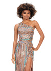 Front view. Multi ASHLEYlauren 11372 striking one shoulder gown featuring an intricate Aztec-inspired hand-beaded design with vibrant turquoise accents, an open back, and a left leg slit for a bold and show-stopping statement look.