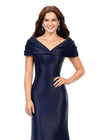 Navy ASHLEYlauren 11300 Elegant Off Shoulder Mermaid Gown in Phantom Satin with Pleated Detail, Fitted Silhouette, and Sweep Train