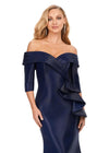 Front view. Navy ASHLEYlauren 11324 Elegant Off Shoulder Fitted Mermaid Gown in Phantom Satin with Statement Ruffle Detail at the Hip