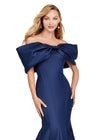 Front view. Navy ASHLEYlauren 11413 Elegant Off Shoulder Mermaid Gown in Double Faceted Satin with Statement Oversized Bow Neckline