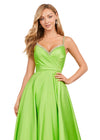 Front view. Neon Green ASHLEYlauren 11267 stunning A-line gown featuring delicate spaghetti straps, a sweetheart neckline, eye-catching crystal trim, and asymmetrical ruching on the bustier to accentuate your curves for a glamorous and sophisticated look.