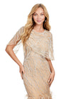 Front view. Nude ASHLEYlauren 11431 Classy Fully Beaded Gown with Crew Neckline, Sheer Asymmetrical Cape Overlay, Feather-Embellished Skirt, and Mermaid Silhouette
