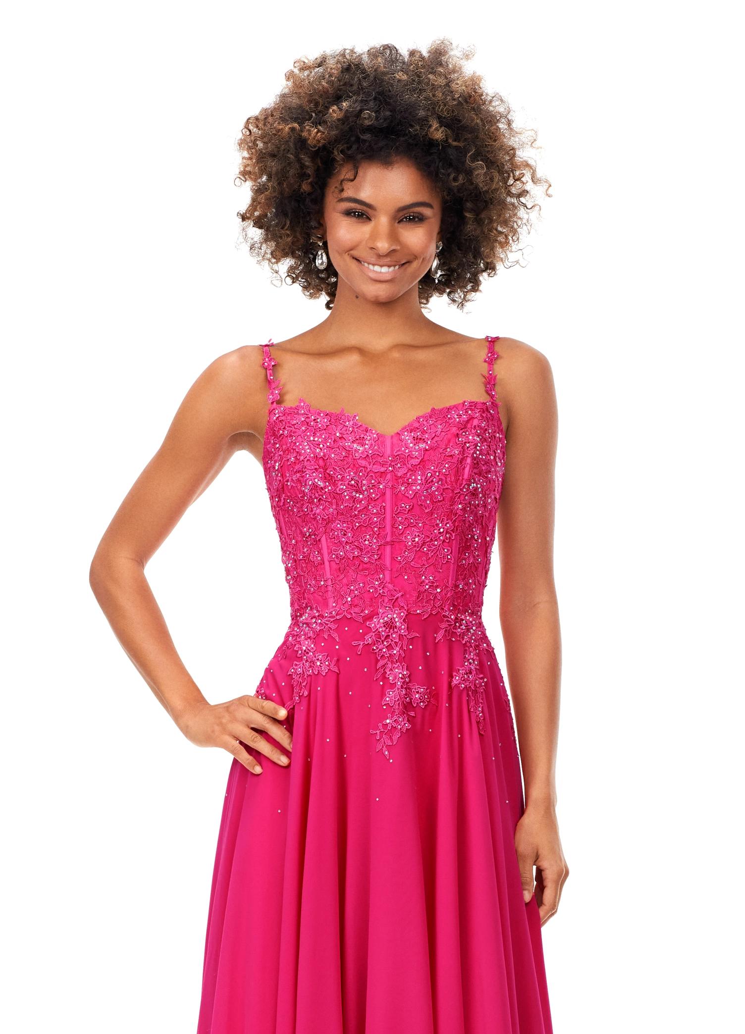 Front view. Pink ASHLEYlauren 11332 classic chiffon gown featuring a sweetheart neckline, delicate spaghetti straps, a corset-style bustier adorned with lace appliques, and an A-line skirt with lace detailing for an elegant and timeless look.