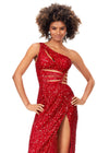 Front view. Red ASHLEYlauren 11288 stunning one shoulder fully hand-beaded gown featuring modern cut outs, criss cross waist straps, a left leg slit, and a sweep train for a bold and statement-making entrance.