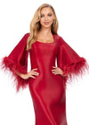 Front view. Red ASHLEYlauren 11381 Fit and Flare Phantom Satin Gown with Modern Scoop Neckline, Feather Detailed Flare Sleeves, and Horsehair Hem Skirt
