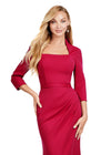 Front view. Red ASHLEYlauren 11418 Elegant Fitted Scuba Gown with Classic Square Neckline, Three Quarter Length Sleeves, Tonal Waist Belt, and Mermaid Skirt