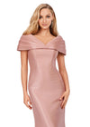 Front view. Rose Gold ASHLEYlauren 11300 Elegant Off Shoulder Mermaid Gown in Phantom Satin with Pleated Detail, Fitted Silhouette, and Sweep Train