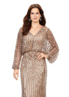 Front view. Rose Gold ASHLEYlauren 11302 Elegant Fully Hand Beaded Sequin Gown with V-Neckline, Flowing Dolman Sleeves, and Intricate Floral Beading at Waistline