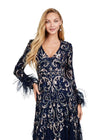 Front view. Rose Gold/Navy ASHLEYlauren 11435 Glamorous Fully Beaded A-Line Gown with V-Neckline, Elegant Long Sleeves, and Feather Trimmed Cuffs