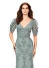 Front view. Sage ASHLEYlauren 11234 Elegant Fully Beaded Gown with V-Neckline, Wrap Style Bustier, and Sheer Ruffled Puff Mesh Sleeves