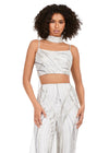 Front view. Silver ASHLEYlauren 11385 statement two-piece jumpsuit featuring an intricately hand-beaded bustier and pants, a matching beaded choker, and a dramatic chiffon cape for a bold and fashion-forward look.