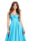 Front view. Turquoise ASHLEYlauren 11267 stunning A-line gown featuring delicate spaghetti straps, a sweetheart neckline, eye-catching crystal trim, and asymmetrical ruching on the bustier to accentuate your curves for a glamorous and sophisticated look.