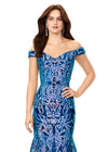 Front view. Turquoise/Royal ASHLEYlauren 11330 elegant off shoulder velvet sequin gown featuring a signature criss-cross back, a fitted silhouette, horsehair hem, and a sweep train for a sophisticated and glamorous look.
