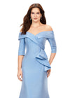Front view. Vintage Blue ASHLEYlauren 11324 Elegant Off Shoulder Fitted Mermaid Gown in Phantom Satin with Statement Ruffle Detail at the Hip