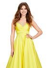 Front view. Yellow ASHLEYlauren 11267 stunning A-line gown featuring delicate spaghetti straps, a sweetheart neckline, eye-catching crystal trim, and asymmetrical ruching on the bustier to accentuate your curves for a glamorous and sophisticated look.