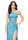 Front view Electric Blue ASHLEYlauren 11288 stunning one shoulder fully hand-beaded gown featuring modern cut outs, criss cross waist straps, a left leg slit, and a sweep train for a bold and statement-making entrance.
