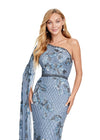 Front view Vintage Blue ASHLEYlauren 11434 Elegant Fully Beaded Gown with One Shoulder Design and Statement Floor Length Sleeve for a Modern Twist on a Classic Look