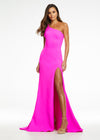 Fuchsia ASHLEYlauren 11119 One-Shoulder Gown in Corset Fabric with Asymmetrical Lace-Up Back and Left Leg Slit