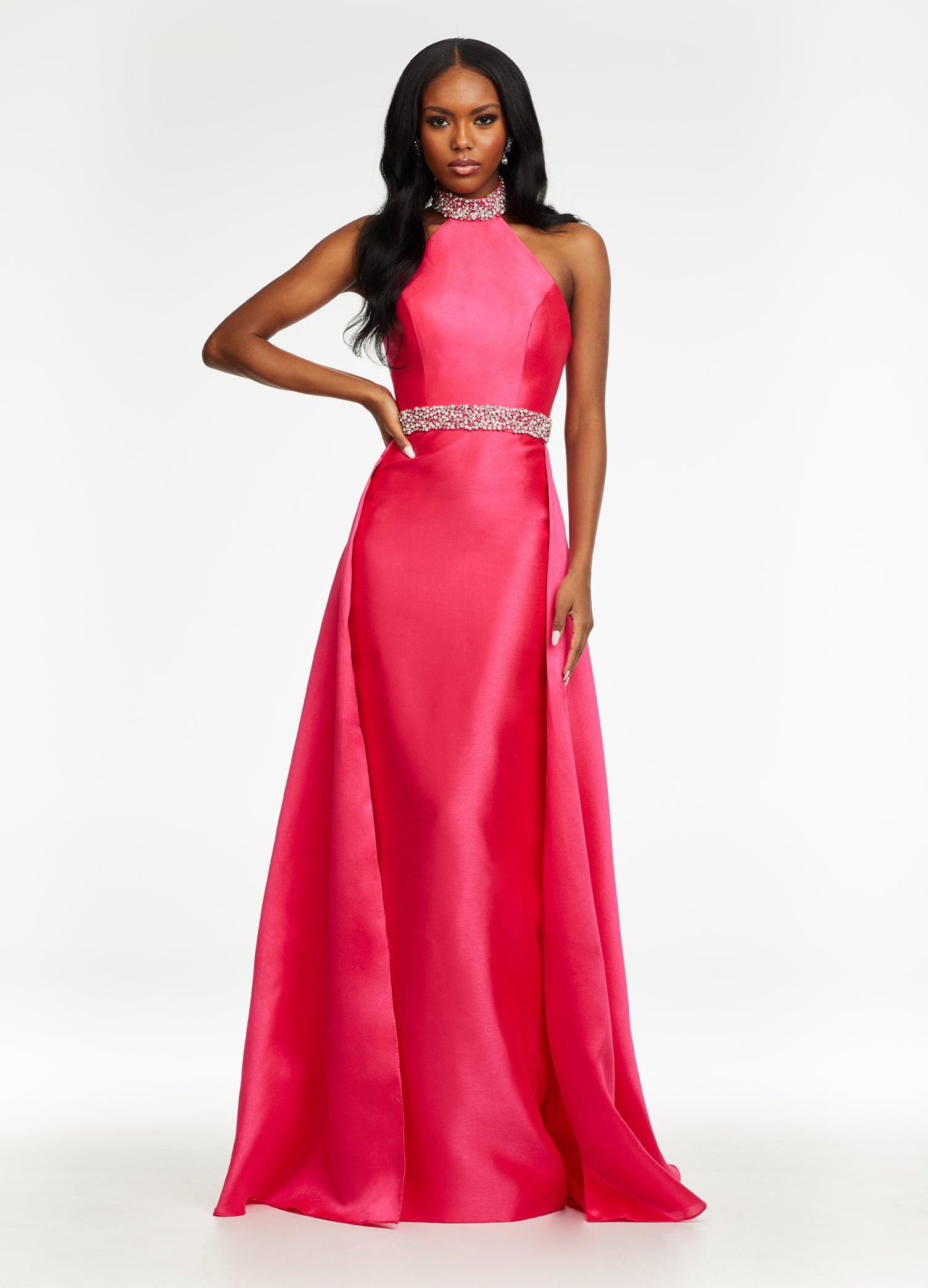 ASHLEYlauren 11148 Mikado Halter Gown with Overskirt