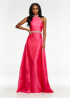 Fuchsia ASHLEYlauren 11148 High Neck Mikado Column Gown with Open Back, Beaded Neckline and Belt, and Attached Overskirt