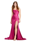 Fuchsia ASHLEYlauren 11162 Elegant Gown with Spaghetti Straps, Draped Bodice, Ruching, Left Leg Slit, and Lace-Up Back