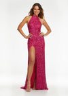Fuchsia ASHLEYlauren 11174 Fully Hand-Beaded Sequin Gown with Halter Neckline, Full Back, and Right Leg Slit